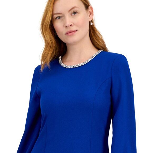 NWT Tahari ASL Womens Rhinestone Trim Shift Dress DAM625-T4 Cobalt Blue 4 - Picture 3 of 10